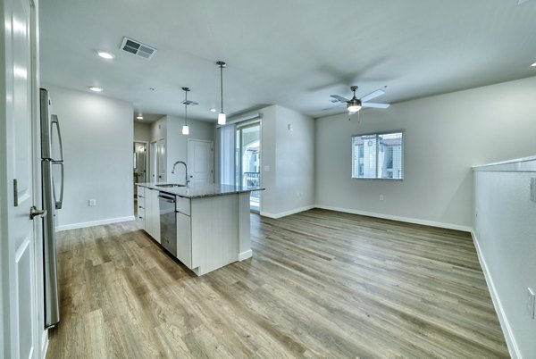 Modern kitchen with stainless steel appliances at The Riley Apartments, offering luxury living in the heart of the city