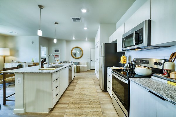 Modern kitchen with stainless steel appliances in The Riley Apartments