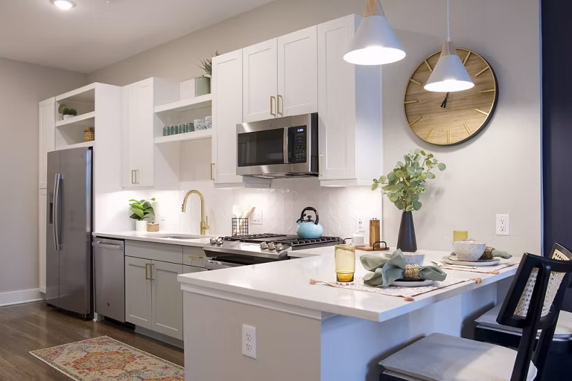 Modern kitchen with stainless steel appliances at Broadstone Centennial Apartments, ideal for luxury living