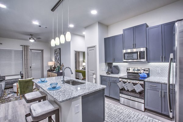 Kitchen with stainless steel appliances and granite countertops in McKinney Terrace Apartments