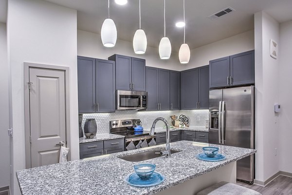 Modern kitchen with stainless steel appliances at McKinney Terrace Apartments