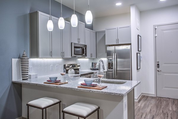 Modern kitchen with stainless steel appliances in McKinney Terrace Apartments, a luxury Greystar property