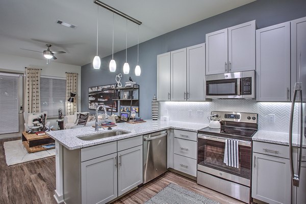 Modern kitchen with stainless steel appliances in McKinney Terrace Apartments