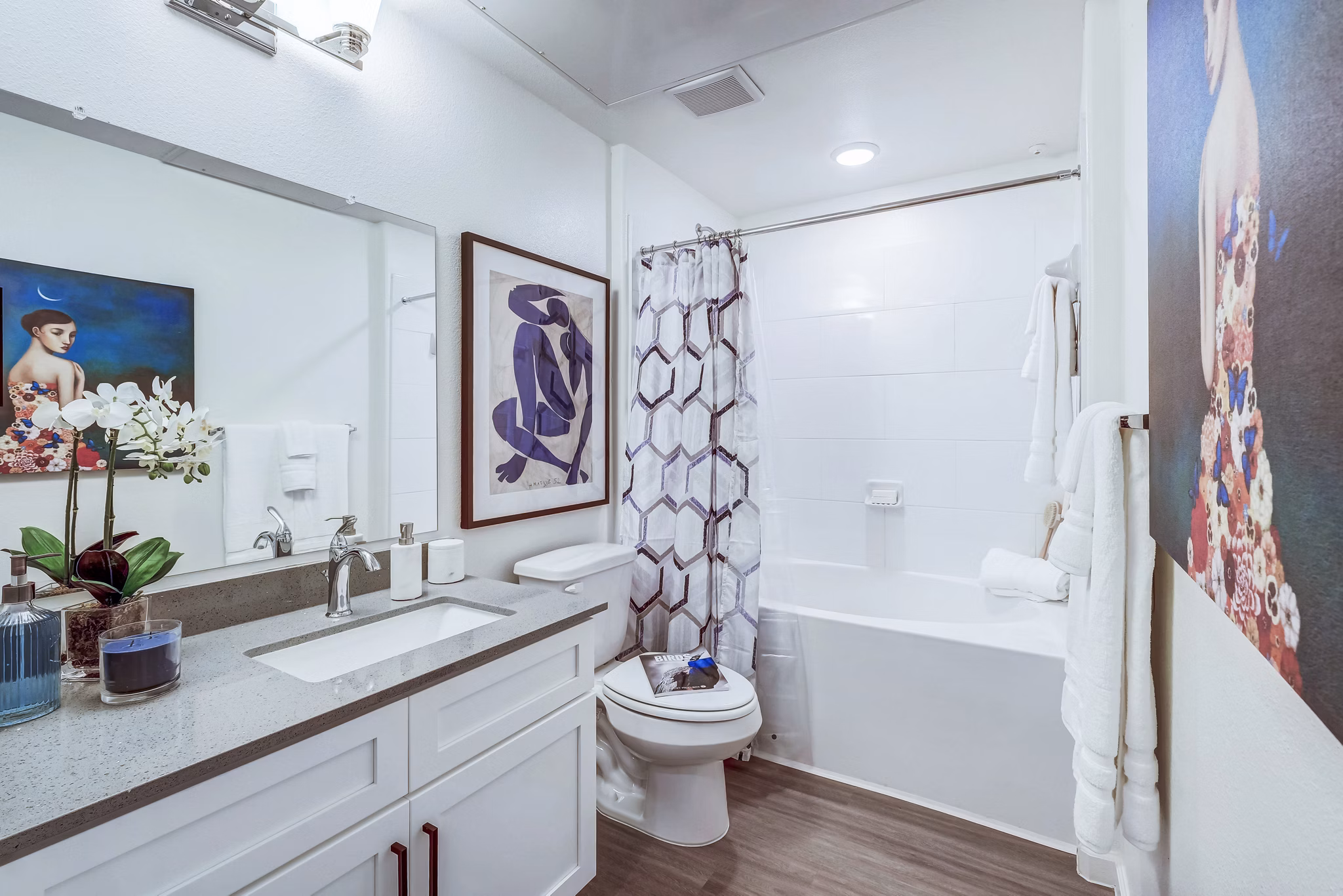 Bathroom with modern fixtures at Vineyard Apartments, highlighting luxury apartment living