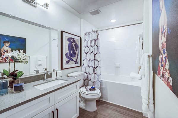 Bathroom with modern fixtures at Vineyard Apartments, highlighting luxury apartment living