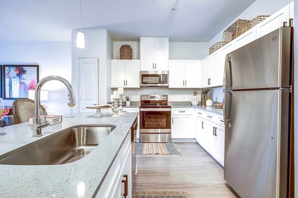 Kitchen featuring modern appliances and granite countertops in Vineyard Apartments