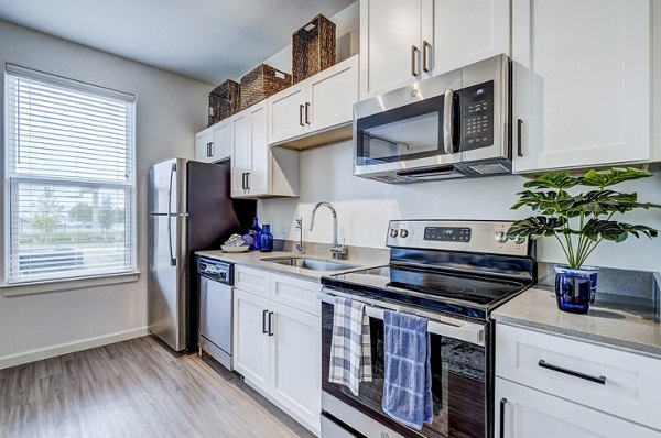 Modern kitchen with stainless steel appliances in Vineyard Apartments, a luxury Greystar property in a serene residential setting