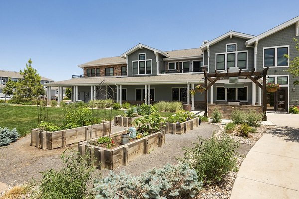 Courtyard with seating area and landscaping at The Trails at Timberline Apartments