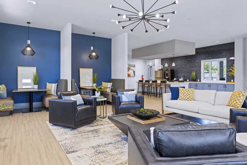 Contemporary clubhouse with stylish furnishings at Wayford at Innovation Park Apartments