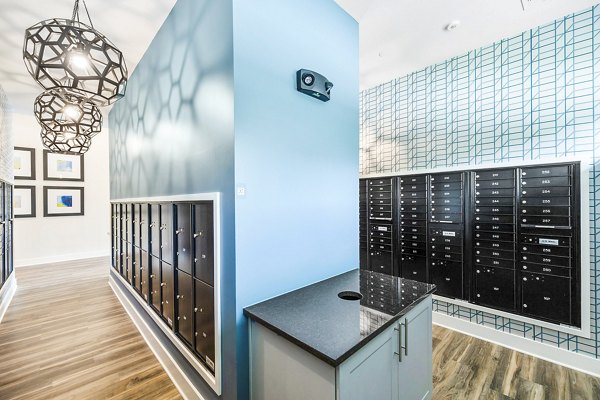 Mailroom with secure package lockers in Ltd Med Center Apartments