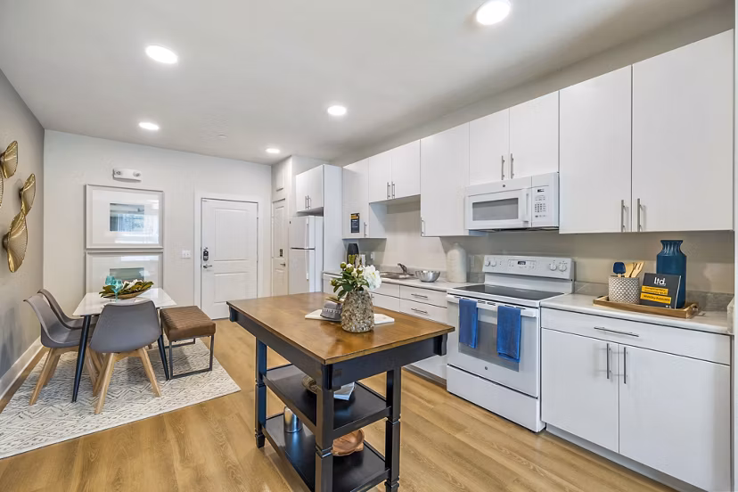 Modern kitchen with stainless steel appliances at Ltd Med Center Apartments in vibrant center Perfect for comfortable, luxury living