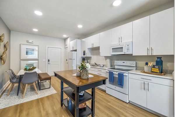 Modern kitchen with stainless steel appliances at Ltd Med Center Apartments in vibrant center Perfect for comfortable, luxury living