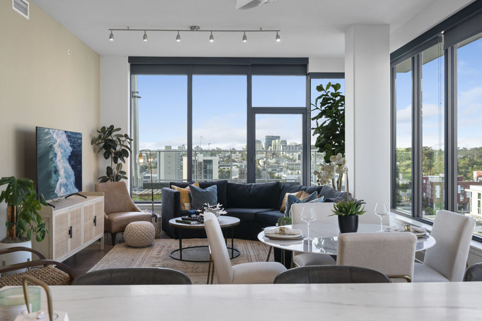 Clubhouse with modern decor at Stanza Little Italy Apartments