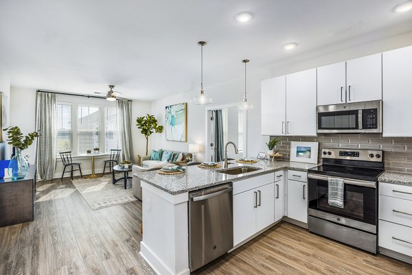 Sleek kitchen with modern appliances at The Grove at Coastal Grand Apartments, offering luxury living in a vibrant community