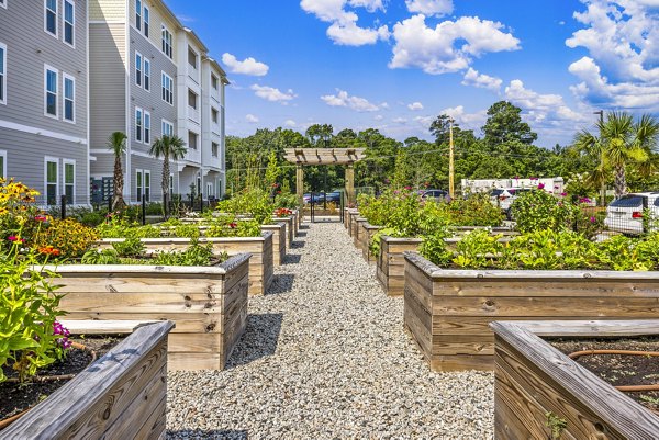 Community garden at The Grove featuring lush greenery and seating areas