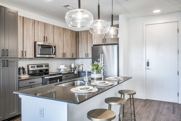 Modern kitchen featuring stainless steel appliances in Starling at Bridgeland Apartments