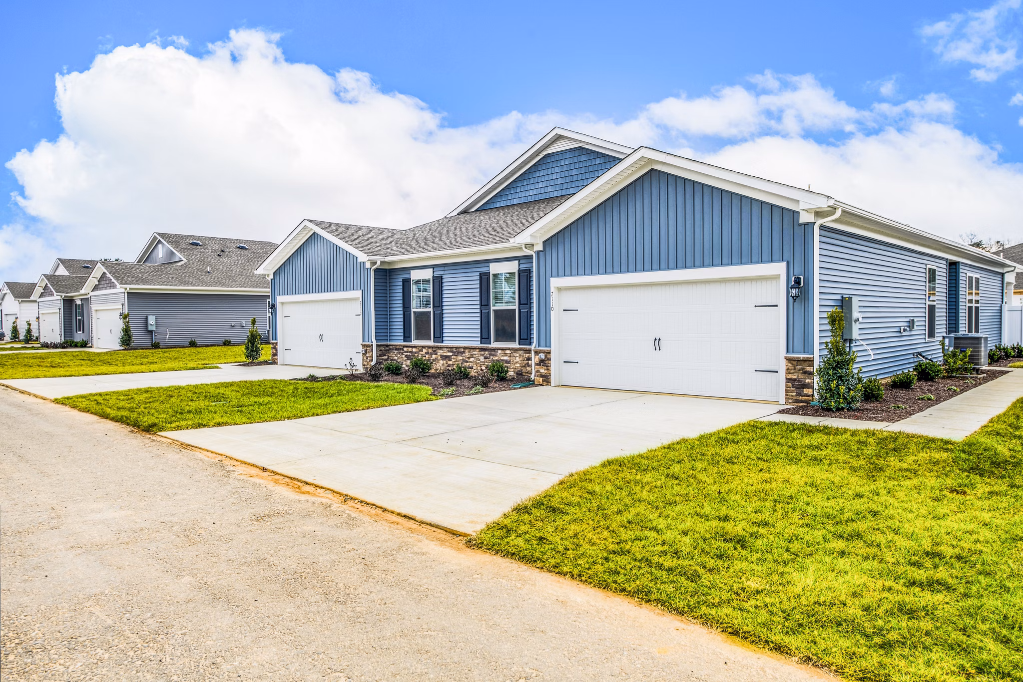 Row of modern single-story houses with blue siding and attached garages in a vibrant community