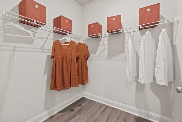 Spacious walk-in closet with ample shelving in Maple Grove Apartments, perfect for organized luxury living