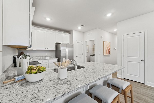 Contemporary kitchen featuring sleek appliances and granite countertops at Maple Grove Apartments