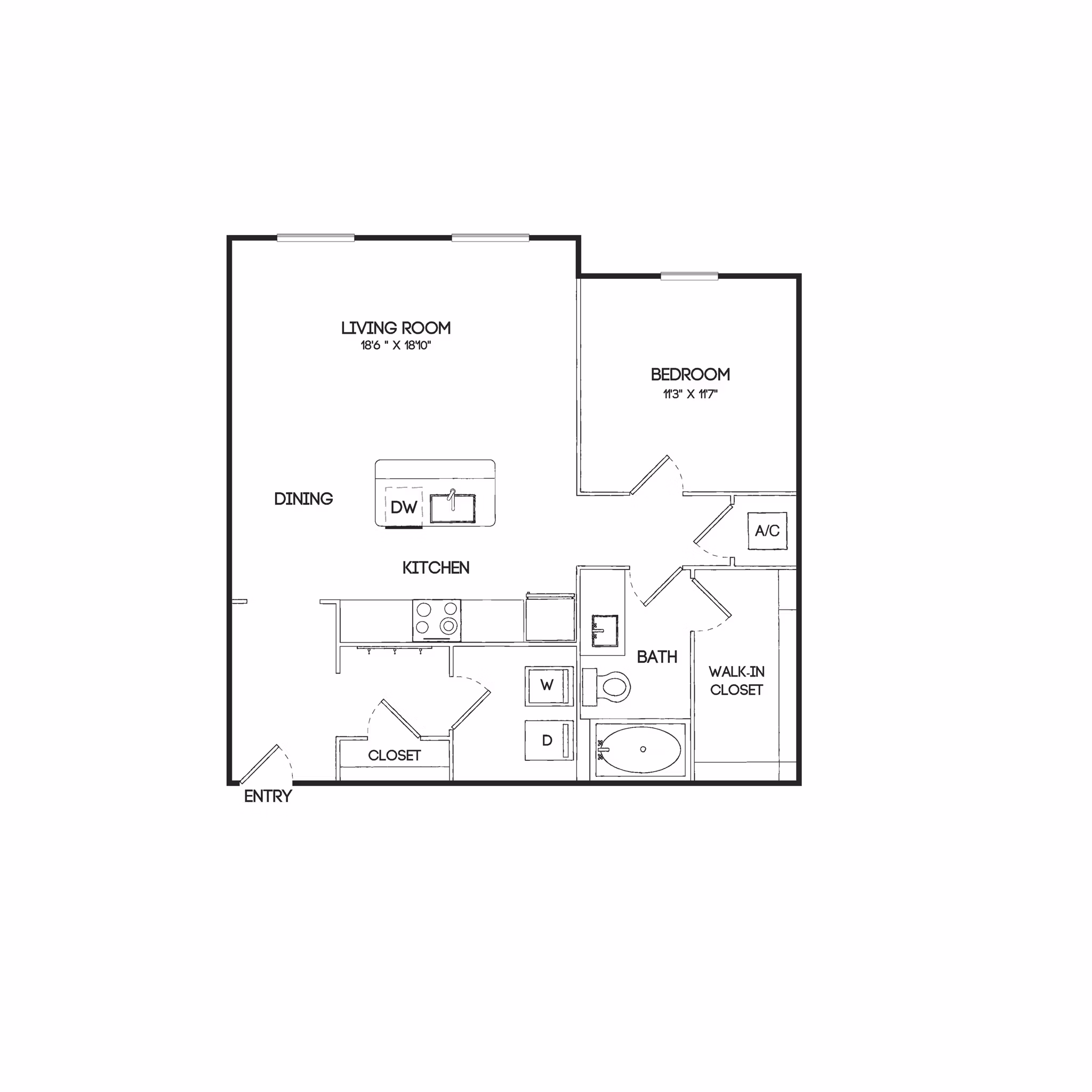 One-bedroom floor plan at Birchway Hudson Oaks Apartments showcasing efficient layout and modern design features