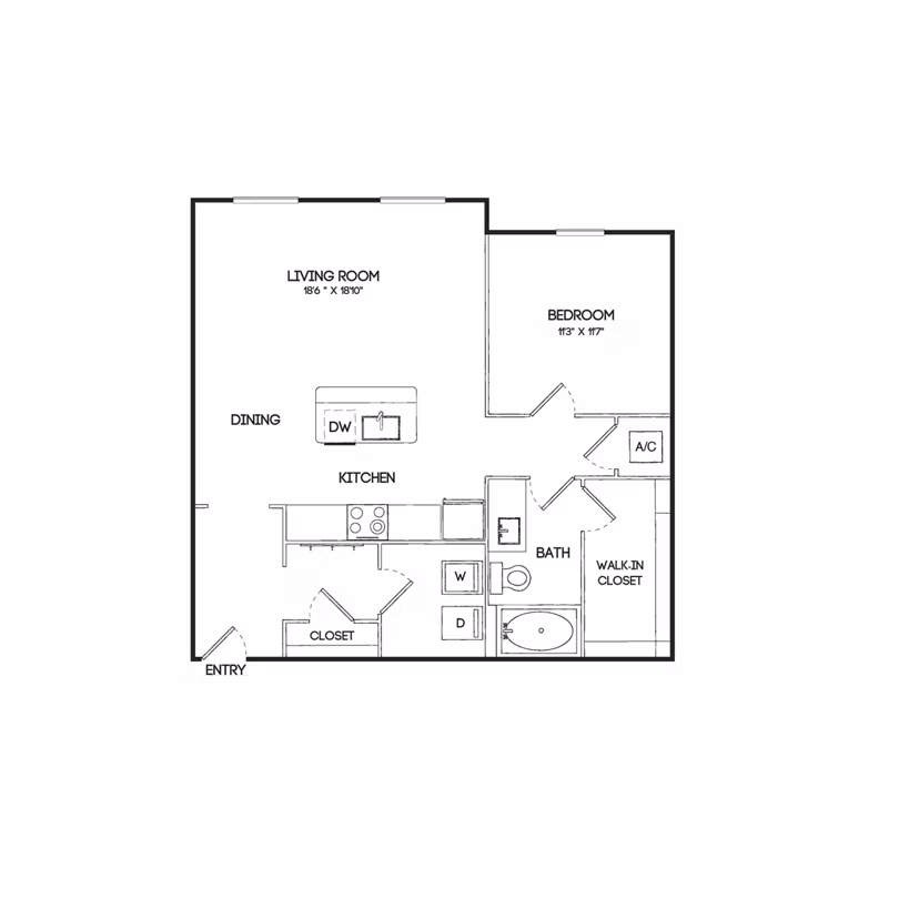 One-bedroom floor plan at Birchway Hudson Oaks Apartments showcasing efficient layout and modern design features