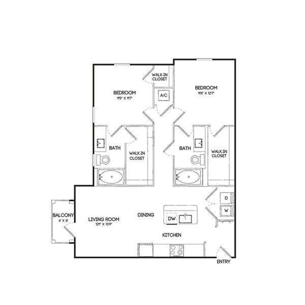 B1 floor plan highlighting efficient 2-bedroom, 2-bathroom layout at Birchway Hudson Oaks Apartments