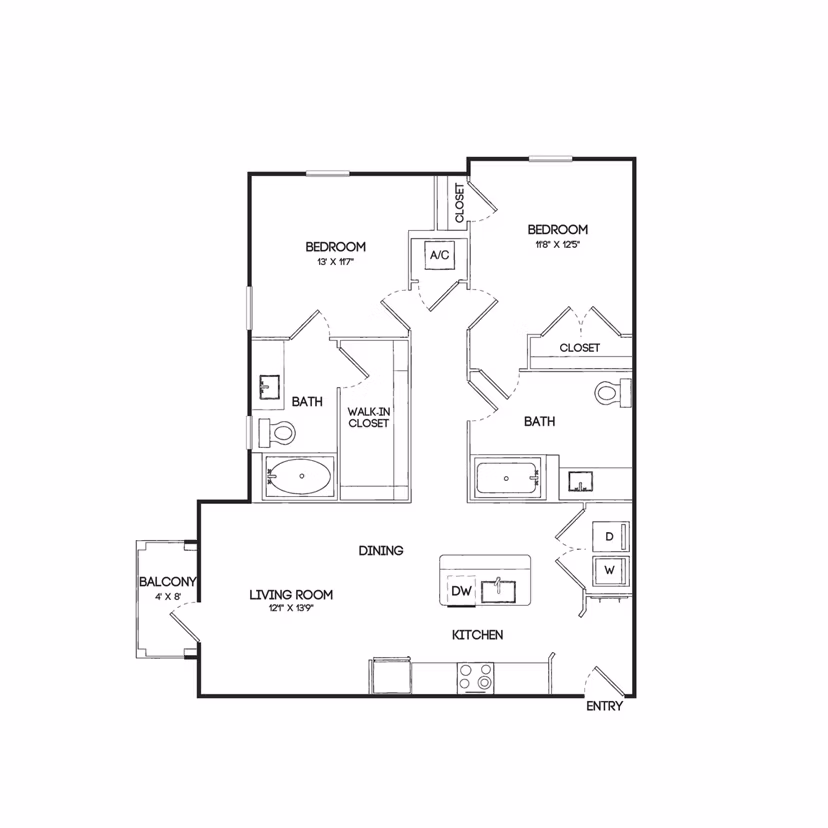 B1-HC floor plan design at Birchway Hudson Oaks Apartments, showcasing efficient layout and spacious living areas in luxury community