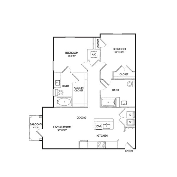 B1-HC floor plan design at Birchway Hudson Oaks Apartments, showcasing efficient layout and spacious living areas in luxury community