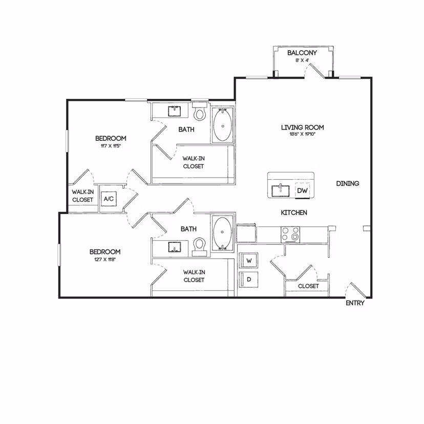 B2 floor plan of luxury 2-bedroom apartment at Birchway Hudson Oaks Apartments, showcasing modern layout options and spacious living areas