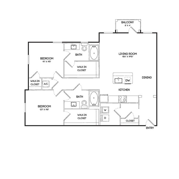 B2 floor plan of luxury 2-bedroom apartment at Birchway Hudson Oaks Apartments, showcasing modern layout options and spacious living areas