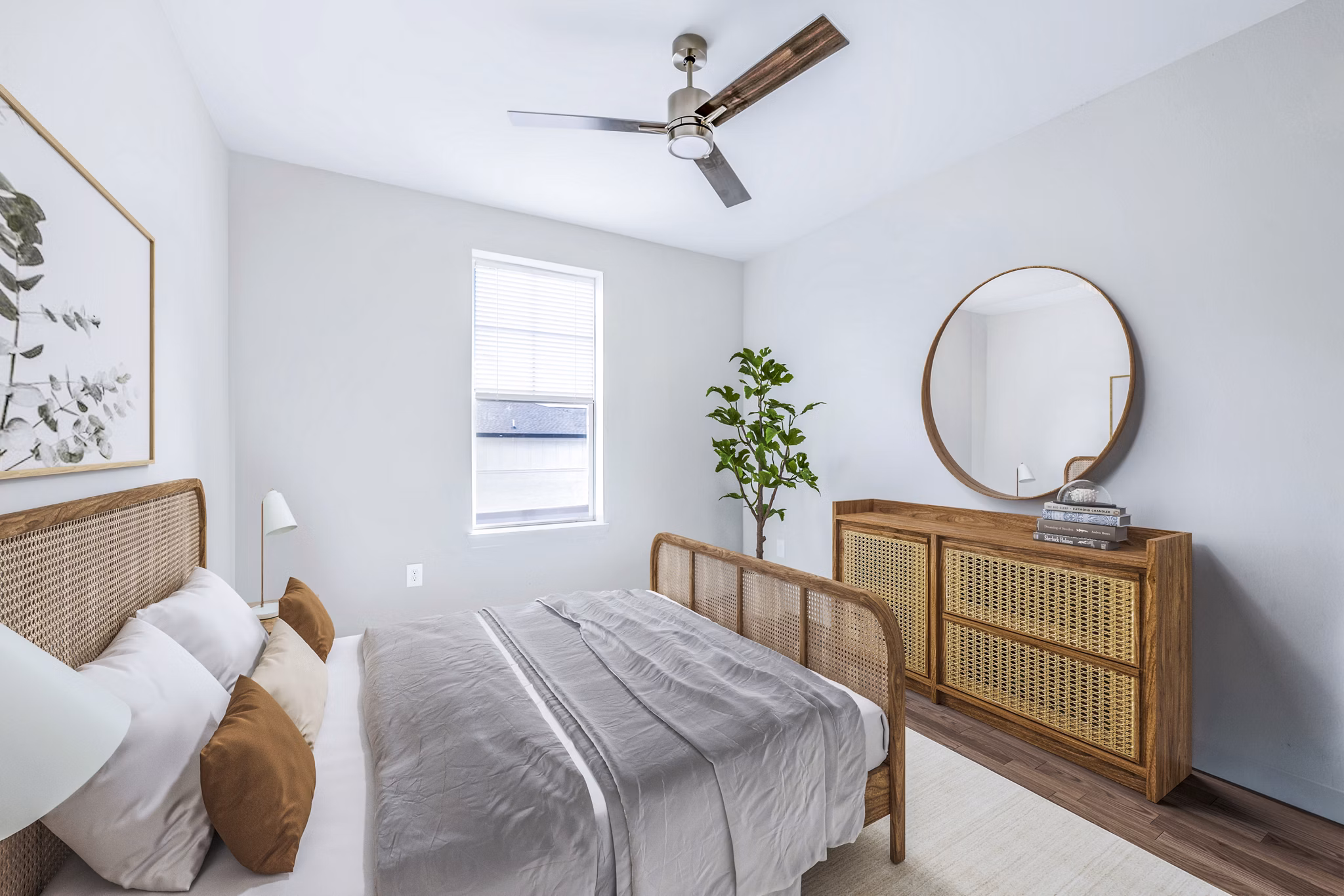 Bedroom showcasing elegant decor and cozy furnishings at Birchway Hudson Oaks Apartments