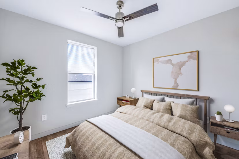 Cozy bedroom with modern decor at Birchway Hudson Oaks Apartments