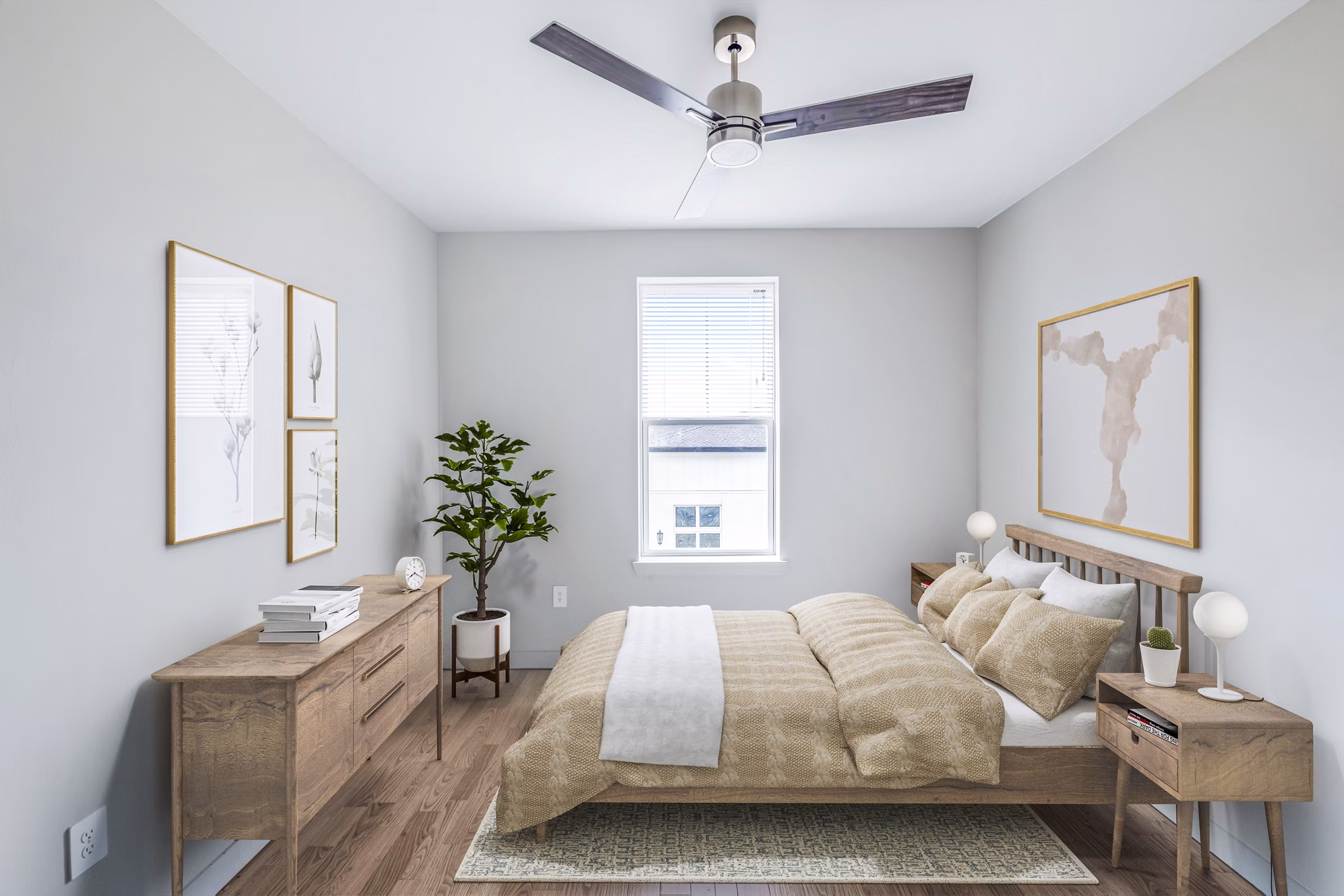 Cozy bedroom with large windows and neutral decor at Birchway Hudson Oaks Apartments