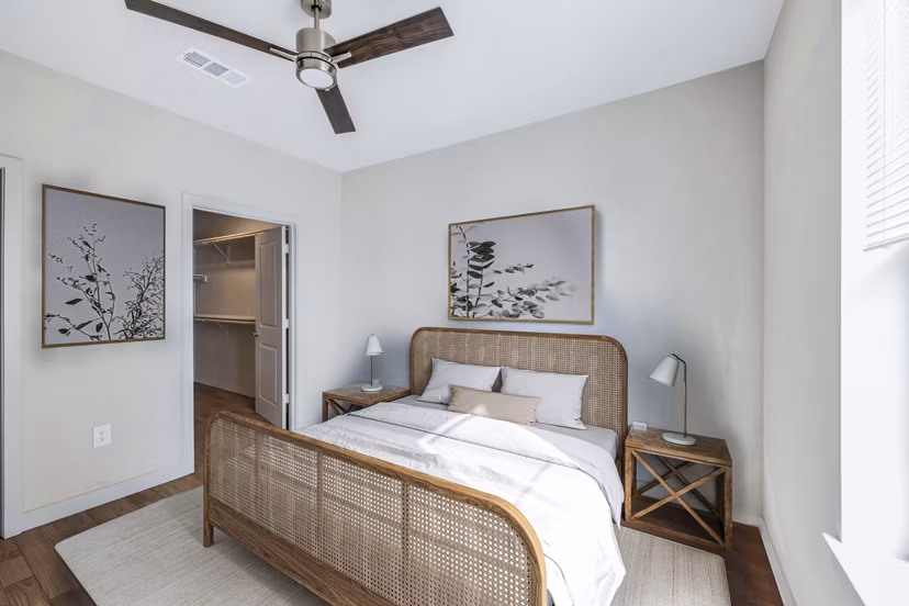 Modern bedroom with elegant decor in Birchway Hudson Oaks Apartments