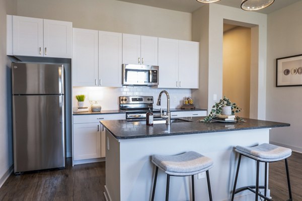 Modern kitchen with stainless steel appliances at Birchway Hudson Oaks Apartments
