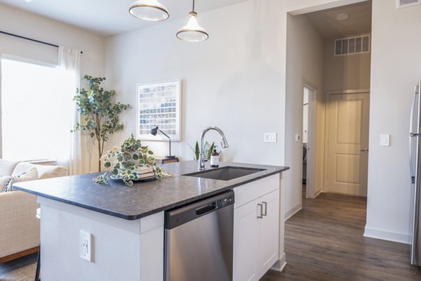 Modern kitchen with granite countertops and stainless steel appliances at Birchway Hudson Oaks Apartments