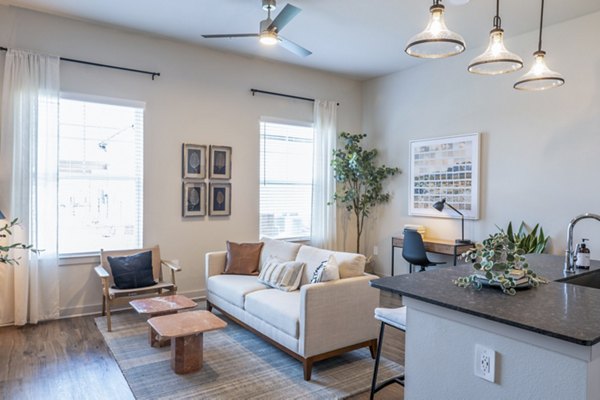 Spacious living room with modern furnishings in Birchway Hudson Oaks Apartments, offering comfort and style in residential living