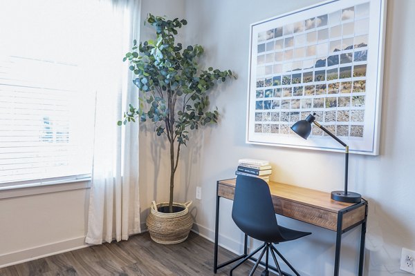 Home office integrated in a versatile living room at Birchway Hudson Oaks Apartments featuring modern furnishings and abundant natural light