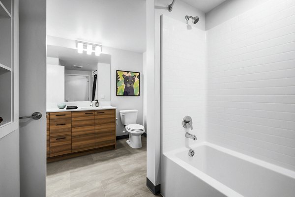 Modern bathroom with sleek fixtures at Ion Town Center Apartments, Greystar luxury apartments located near vibrant downtown shopping and dining
