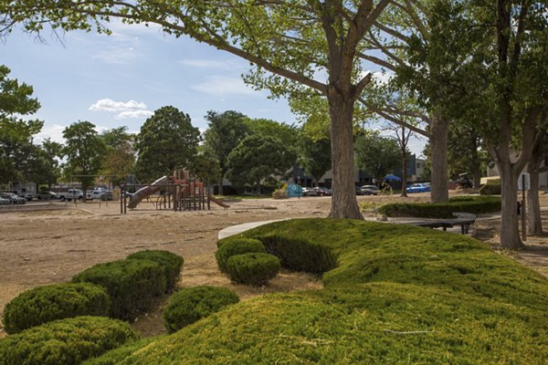 Courtyard with landscaped greenery and seating at Sun Plaza Apartments, a Greystar luxury property specializing in comfortable, modern living spaces
