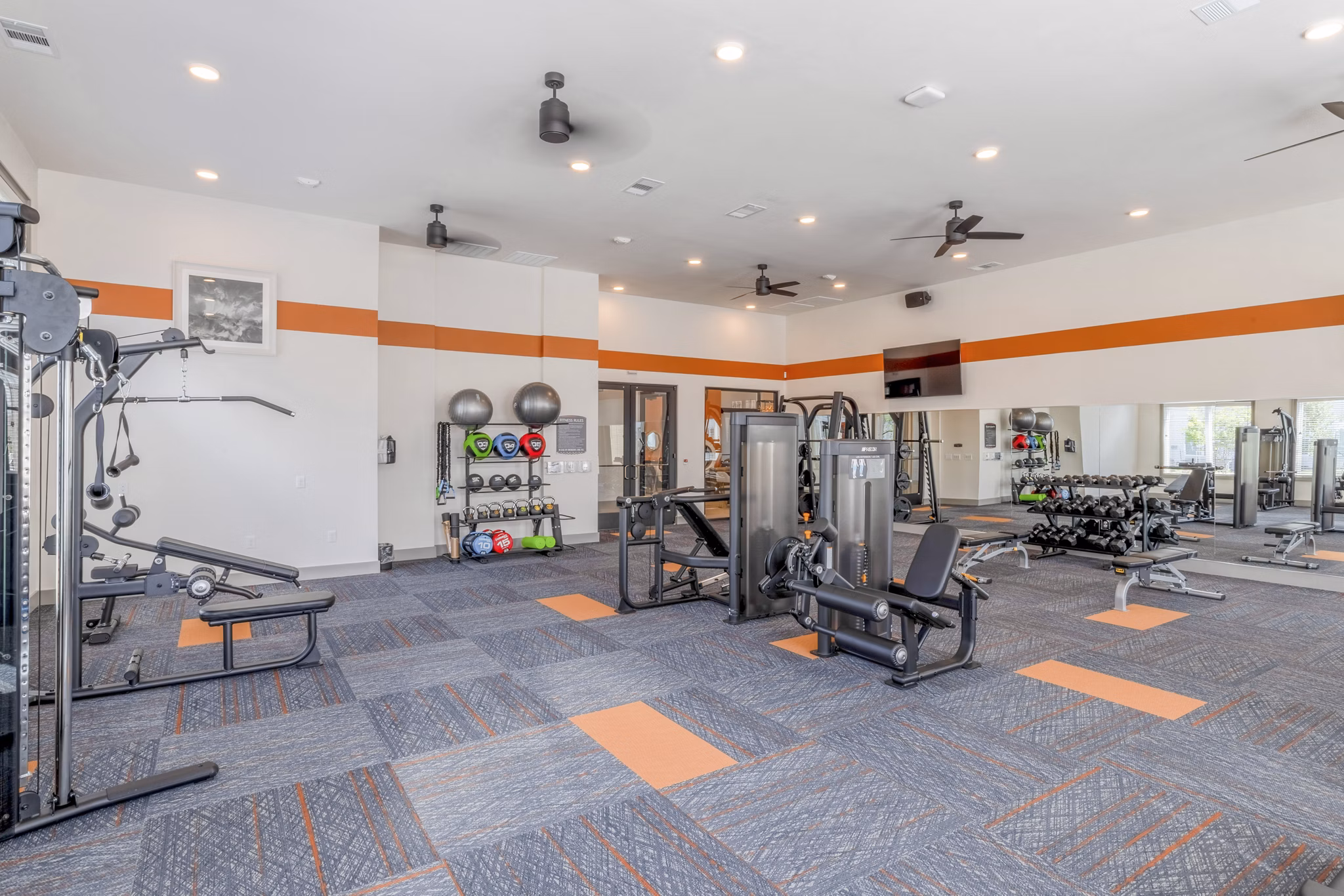 State-of-the-art fitness center with weights and cardio equipment at Espria Apartments