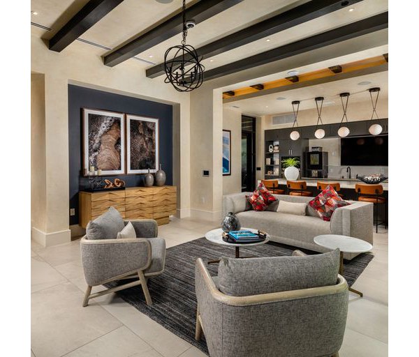Clubhouse featuring modern design and social seating at The Core on Foothill Apartments