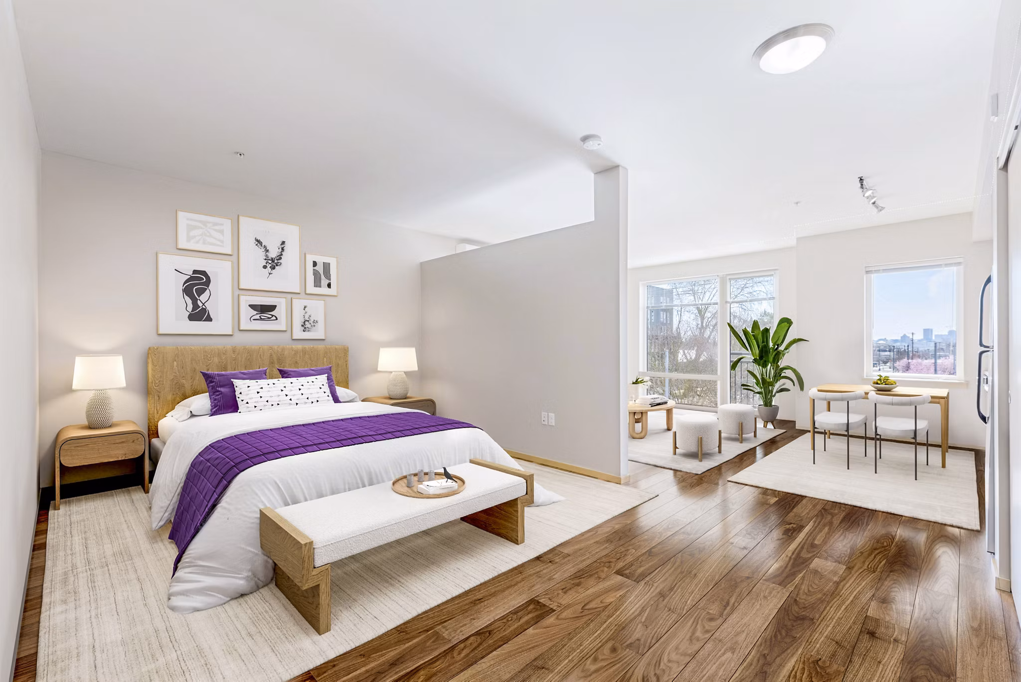 Modern bedroom with cozy design and ample natural light at Prescott Apartments