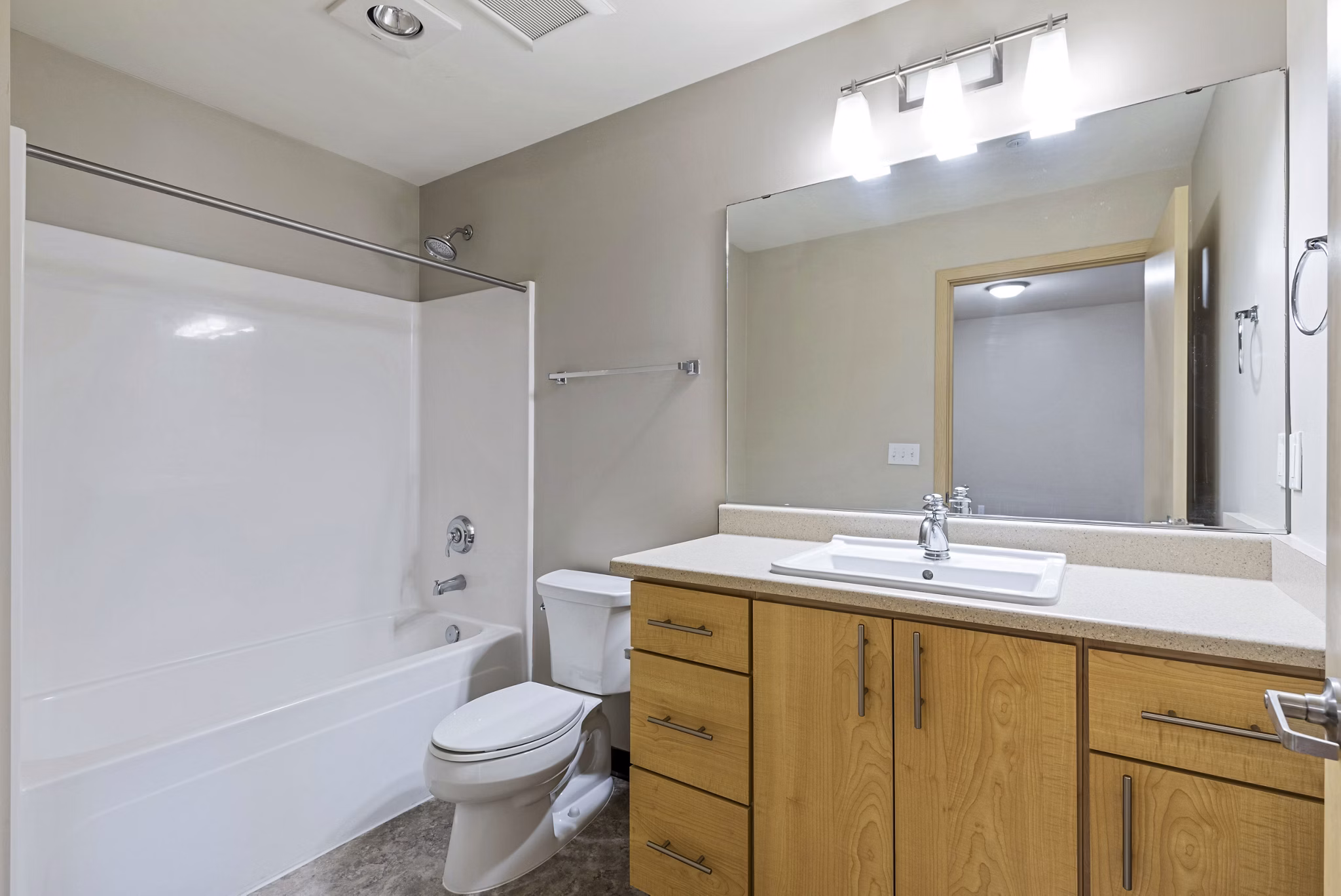 Modern bathroom with sleek fixtures at Prescott Apartments, offering luxury living in spacious Greystar-managed residences
