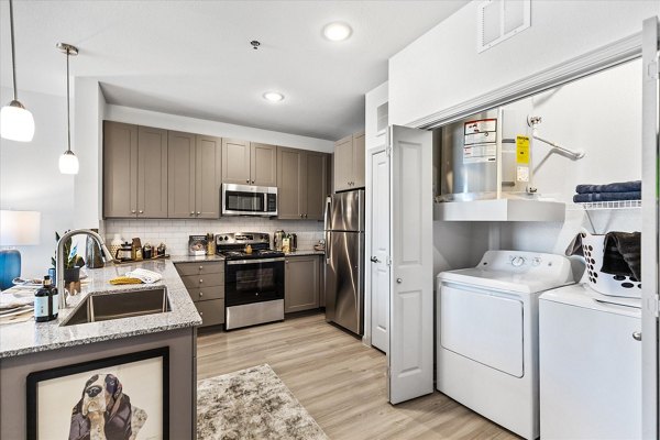 Laundry room with modern appliances at Emerson at Red Oak Apartments, a Greystar luxury apartment community