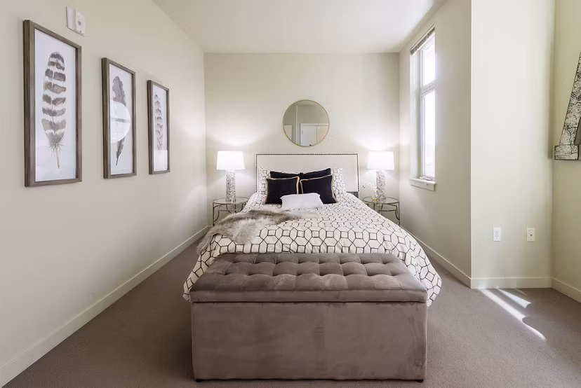 Modern bedroom with stylish decor at Thornton Place Apartments