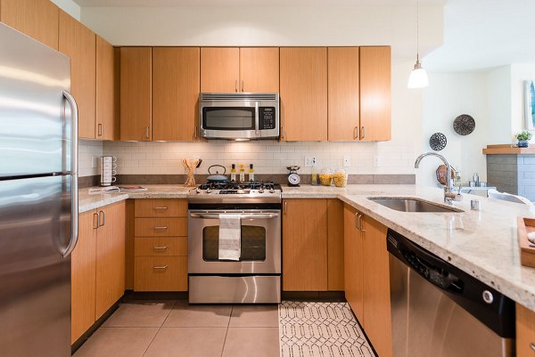 Modern kitchen with stainless steel appliances at Thornton Place Apartments, Greystar luxury apartments in Seattle