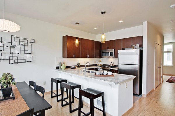 Spacious kitchen with modern appliances in Thornton Place Apartments, offering luxury living for residents in a premium location