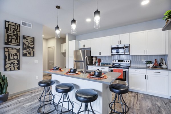 Modern kitchen with stainless steel appliances at Outlook Briargate Apartments, offering luxury living in Colorado Springs