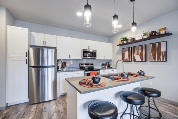 Sleek kitchen with stainless steel appliances at Outlook Briargate Apartments